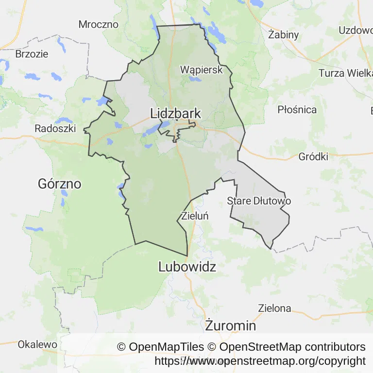 Mapa z zaznaczonym Lidzbarkiem