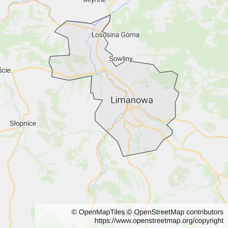 Mapa z zaznaczoną Limanowej