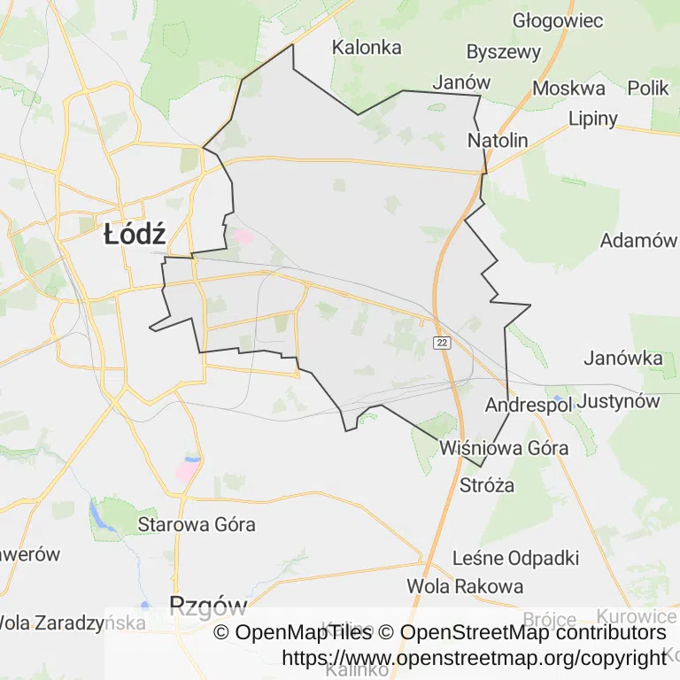 Mapa z zaznaczonym Widzewem w Łodzi