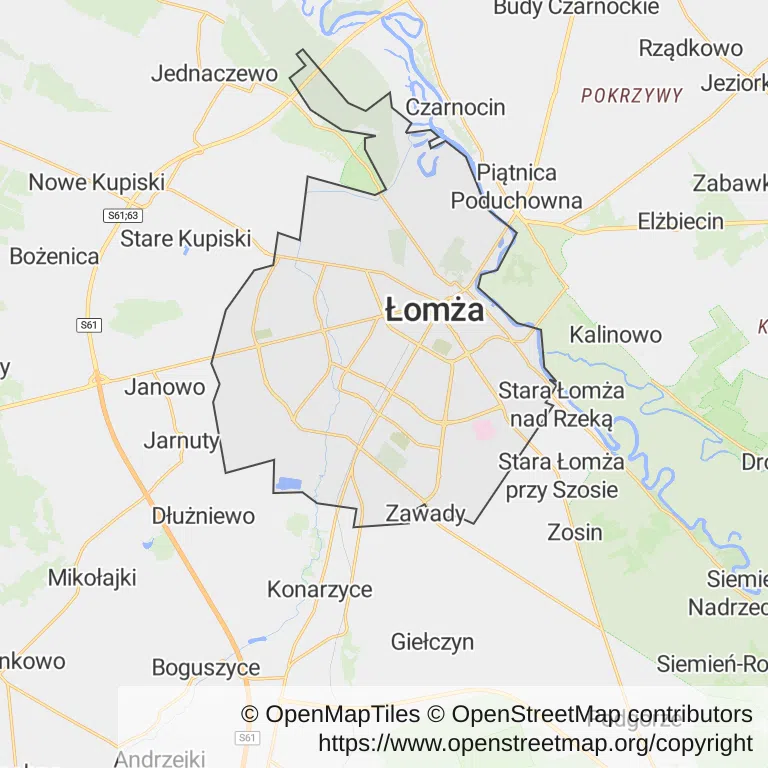 Mapa z zaznaczoną Łomży