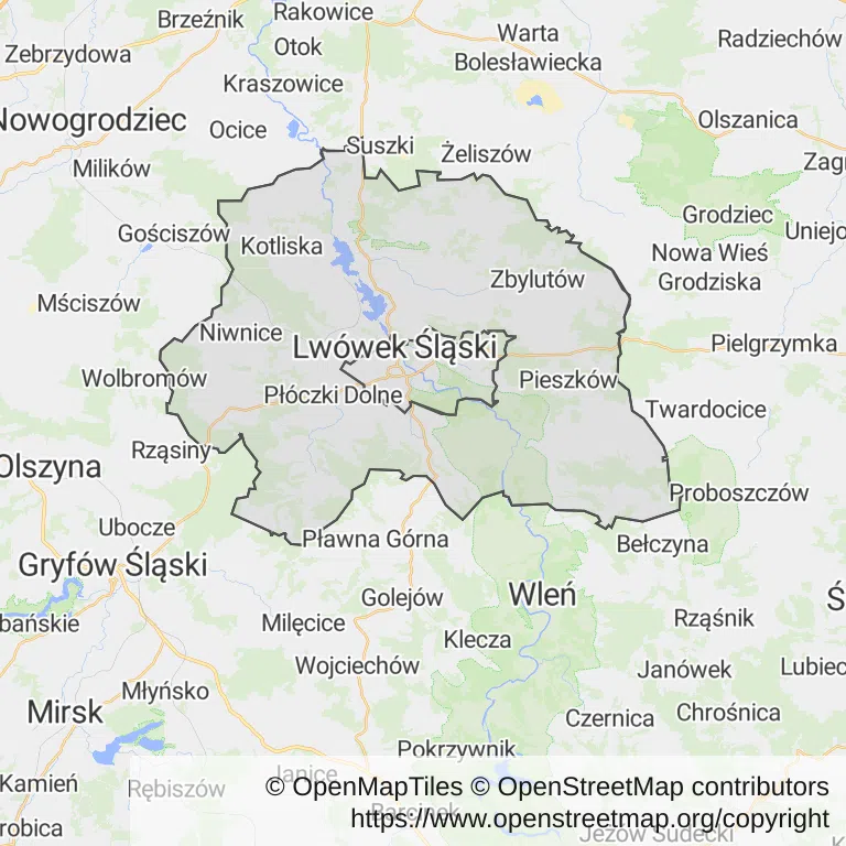 Mapa z zaznaczonym Lwówku Śląskim