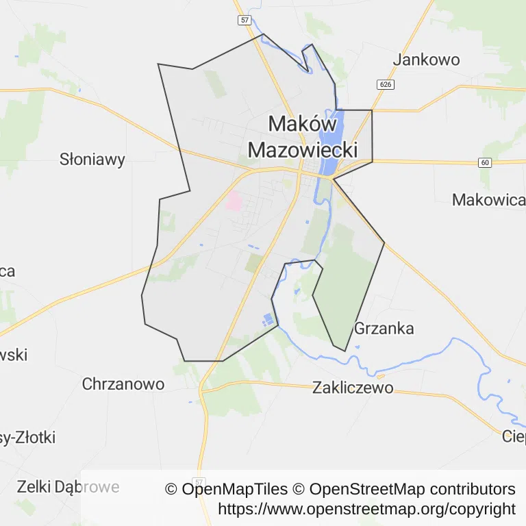 Mapa z zaznaczonym Makowie Mazowieckim