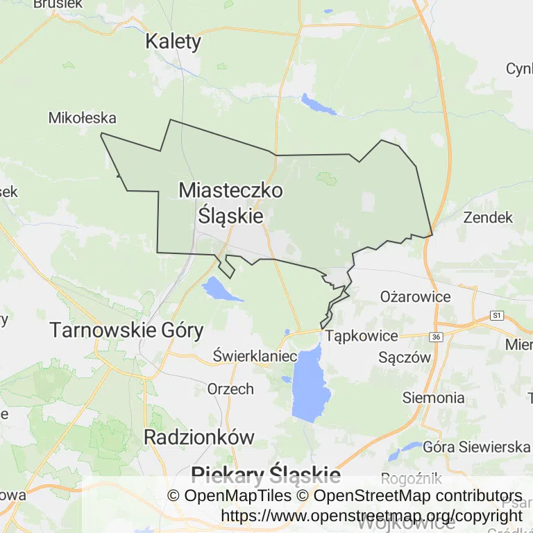 Mapa z zaznaczonym Miasteczku Śląskim