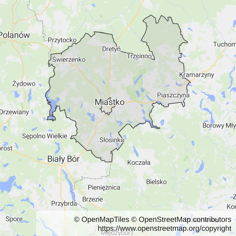 Mapa z zaznaczonym Miastkiem