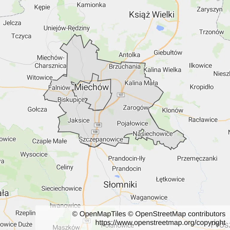 Mapa z zaznaczonym Miechowem