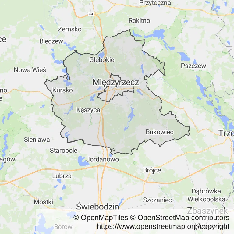 Mapa z zaznaczonym Międzyrzeczem