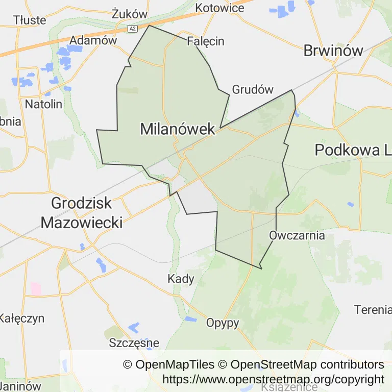 Mapa z zaznaczonym Milanówkiem