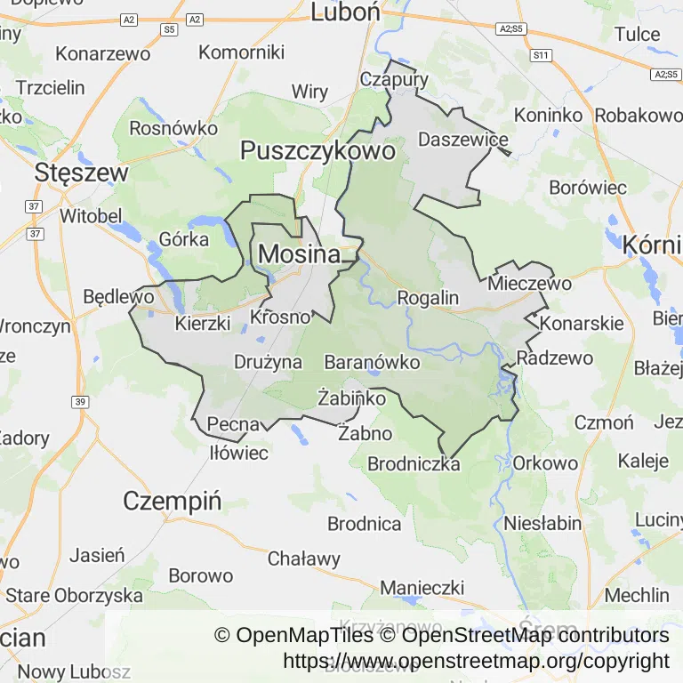 Mapa z zaznaczoną Mosinem