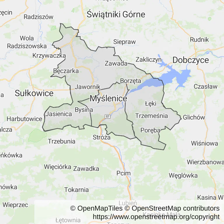 Mapa z zaznaczonymi Myślenicami