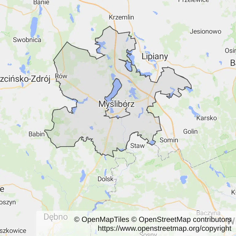 Mapa z zaznaczonym Myśliborzem