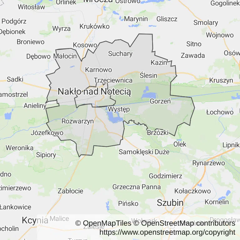 Mapa z zaznaczonym Nakle nad Notecią