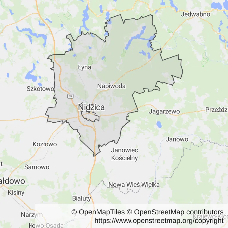 Mapa z zaznaczonym Nidzicy