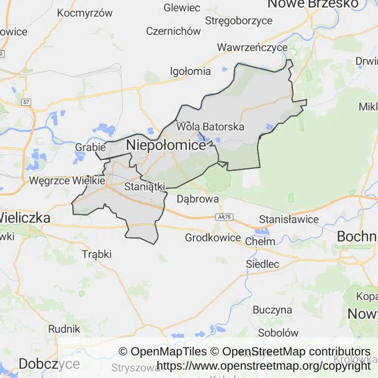Mapa z zaznaczonymi Niepołomicami