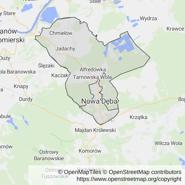 Mapa z zaznaczoną Nowej Dębem