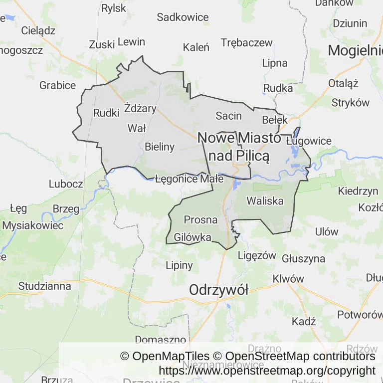 Mapa z zaznaczonym Nowym Mieście nad Pilicą