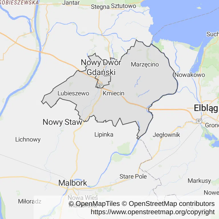 Mapa z zaznaczonym Nowym Dworze Gdańskim
