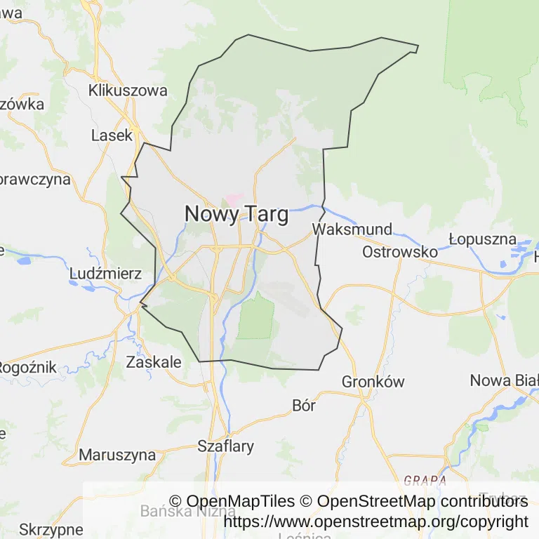 Mapa z zaznaczonym Nowym Targiem