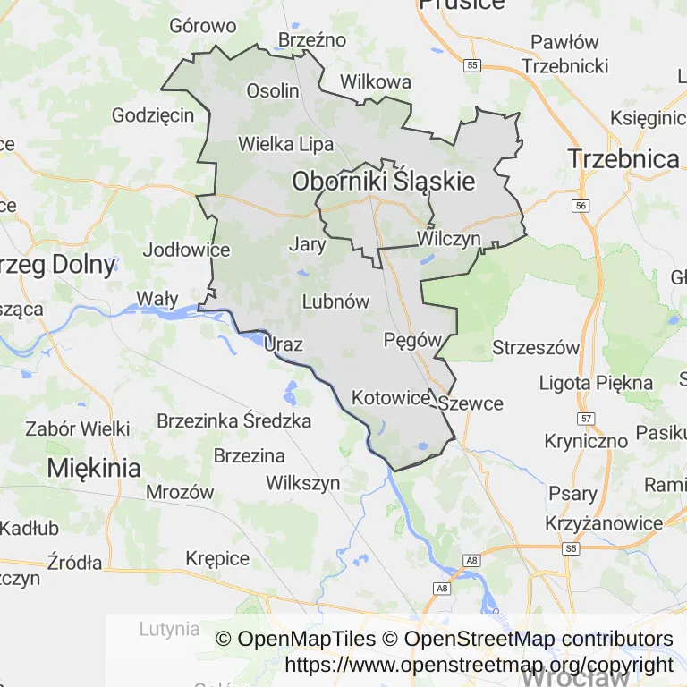Mapa z zaznaczonym Obornikach Śląskich