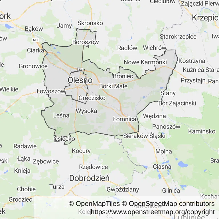 Mapa z zaznaczonym Oleśnem