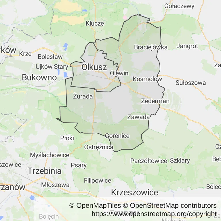 Mapa z zaznaczonym Olkuszem