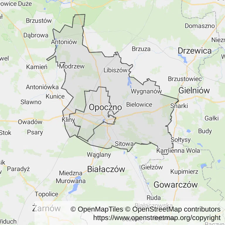 Mapa z zaznaczonym Opocznem
