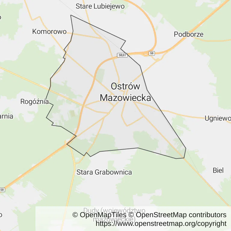 Mapa z zaznaczoną Ostrowi Mazowieckiej