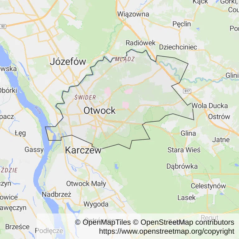 Mapa z zaznaczonym Otwockiem