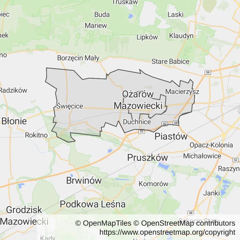 Mapa z zaznaczonym Ożarowie Mazowieckim