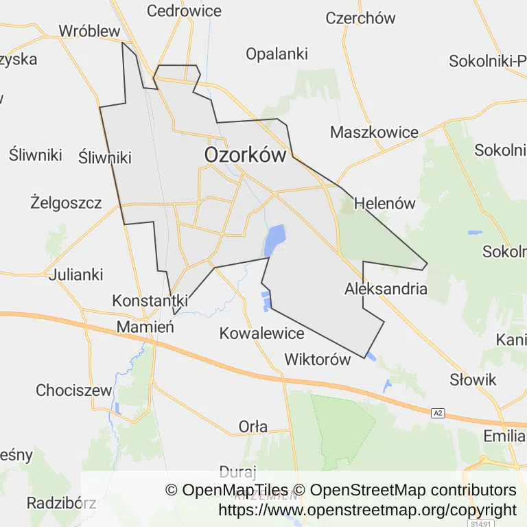 Mapa z zaznaczonym Ozorkowem