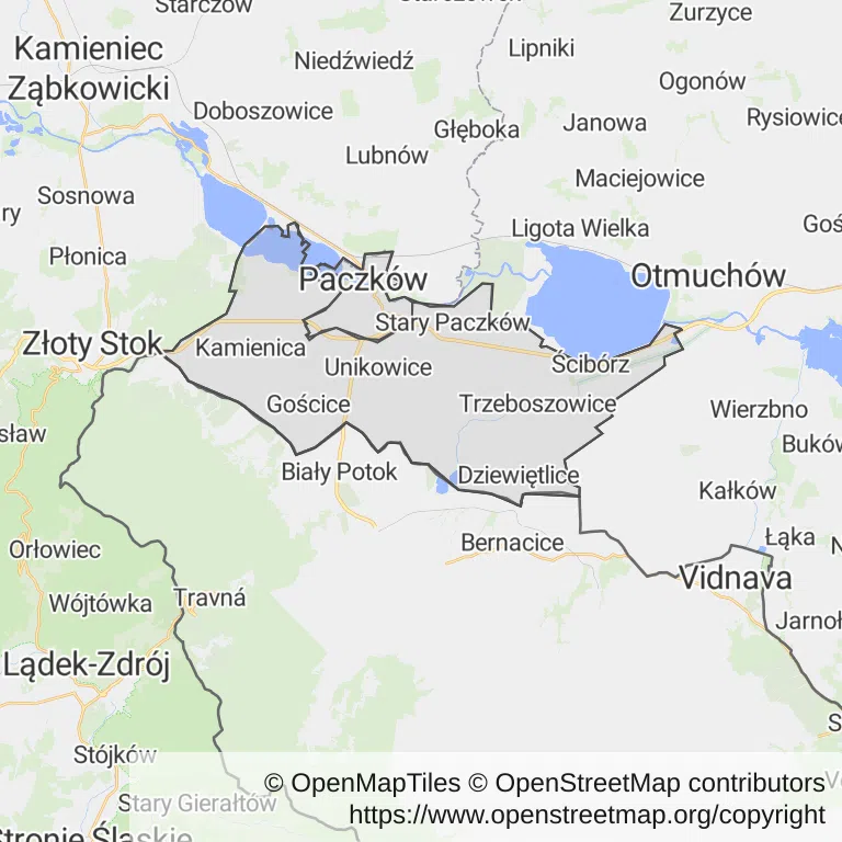 Mapa z zaznaczonym Paczkowem