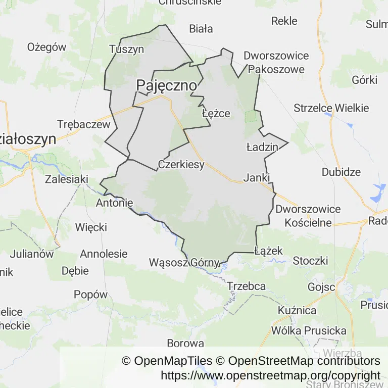 Mapa z zaznaczonym Pajęcznem