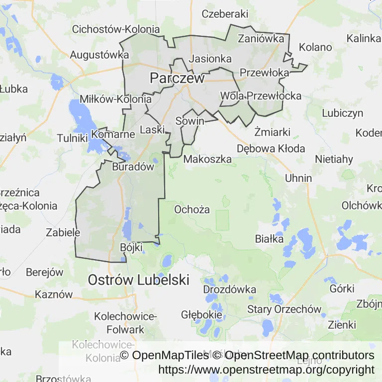 Mapa z zaznaczonym Parczewem