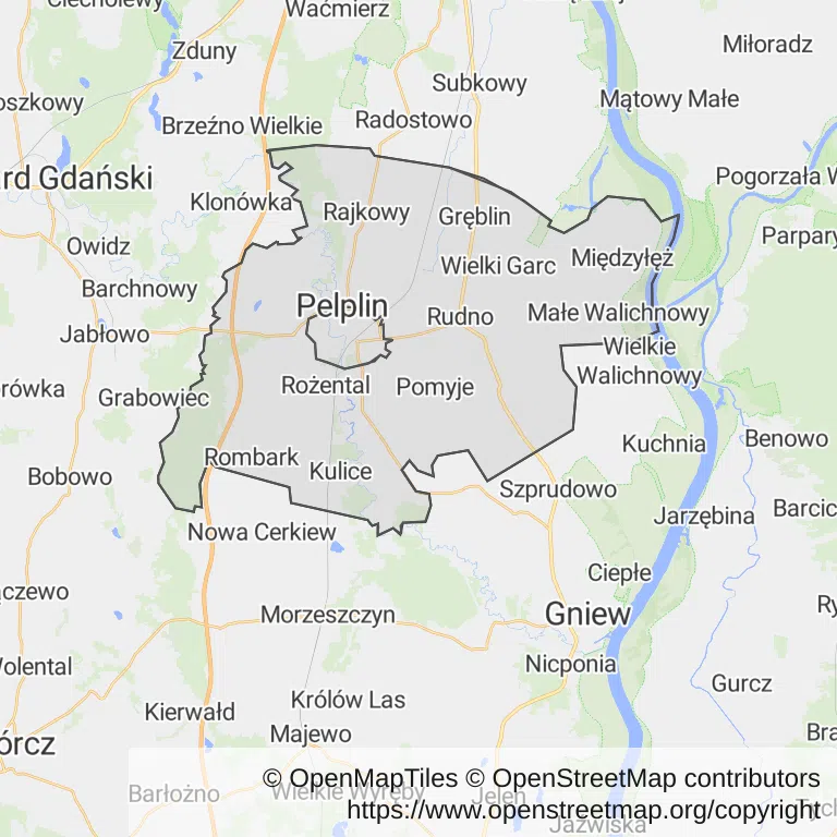 Mapa z zaznaczonym Pelplinem