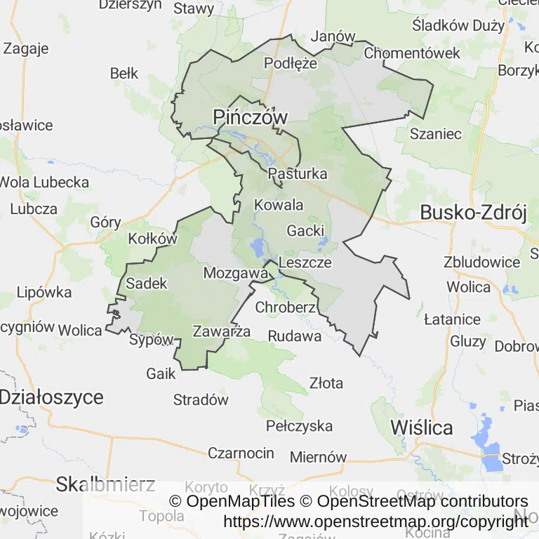Mapa z zaznaczonym Pińczowem
