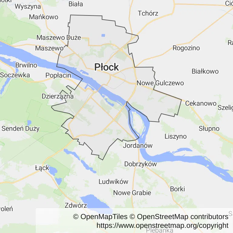 Mapa z zaznaczonym Płockiem