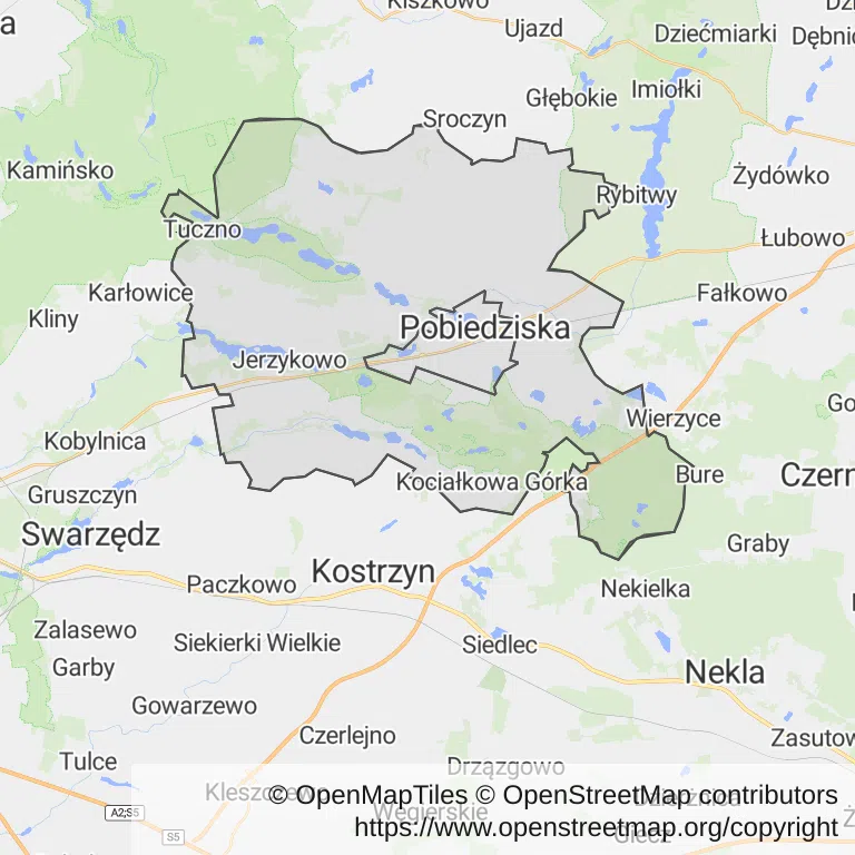 Mapa z zaznaczoną Pobiedziskami