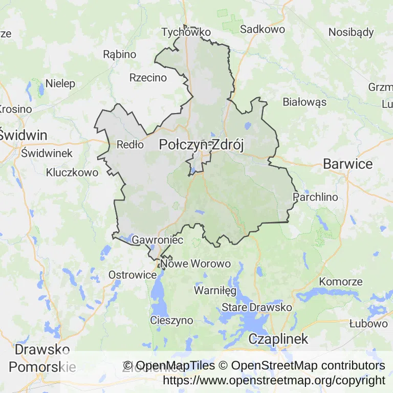 Mapa z zaznaczonym Połczynie-Zdroju