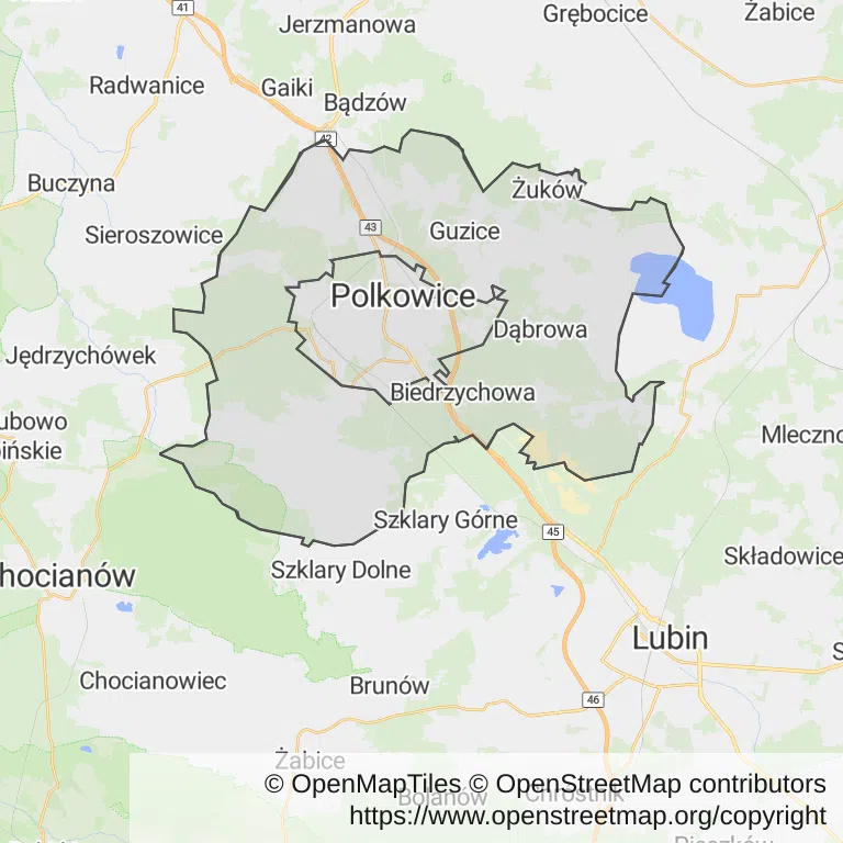 Mapa z zaznaczonymi Polkowicami