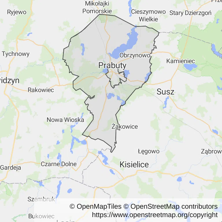 Mapa z zaznaczonym Prabutami