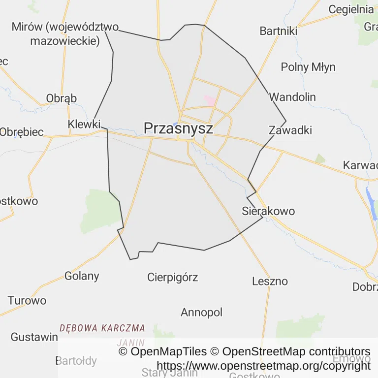 Mapa z zaznaczonym Przasnyszem