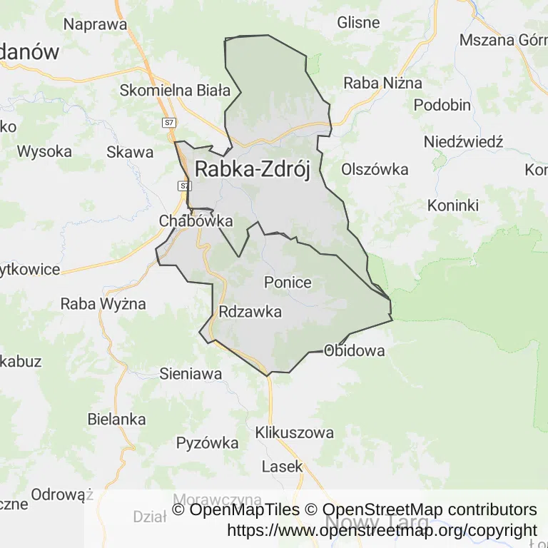 Mapa z zaznaczonym Rabce-Zdroju