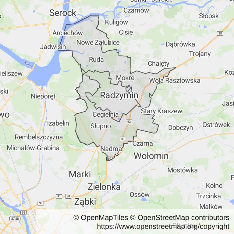 Mapa z zaznaczonym Radzyminem
