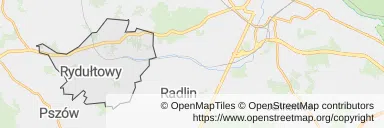 Mapa z zaznaczonym Rydułtowami
