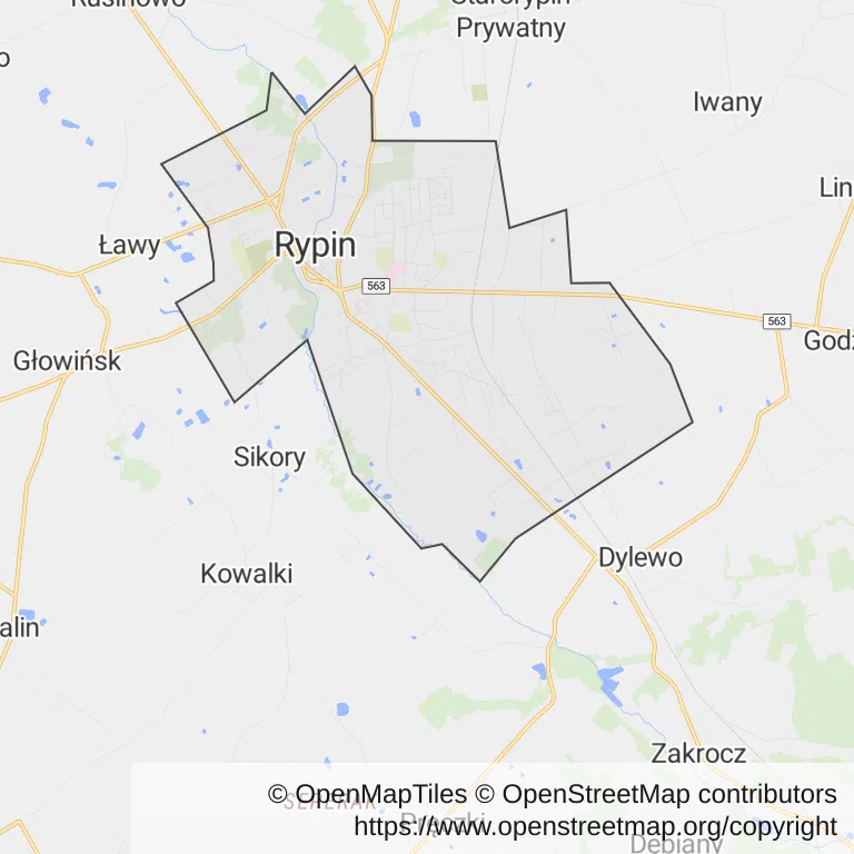 Mapa z zaznaczonym Rypinem