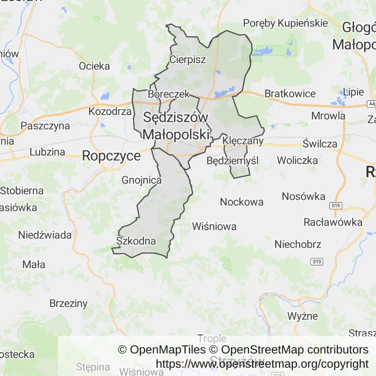 Mapa z zaznaczonym Sędziszowie Małopolskim