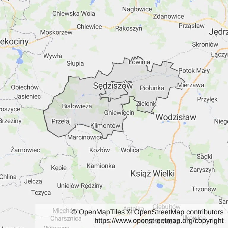 Mapa z zaznaczonym Sędziszowem