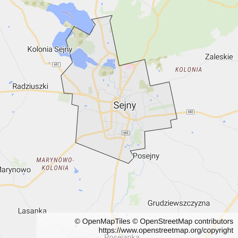 Mapa z zaznaczonym Sejnami