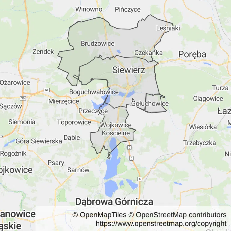 Mapa z zaznaczonym Siewierzem