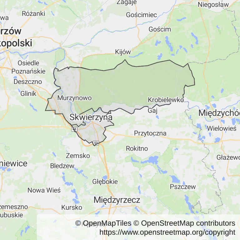 Mapa z zaznaczoną Skwierzynem