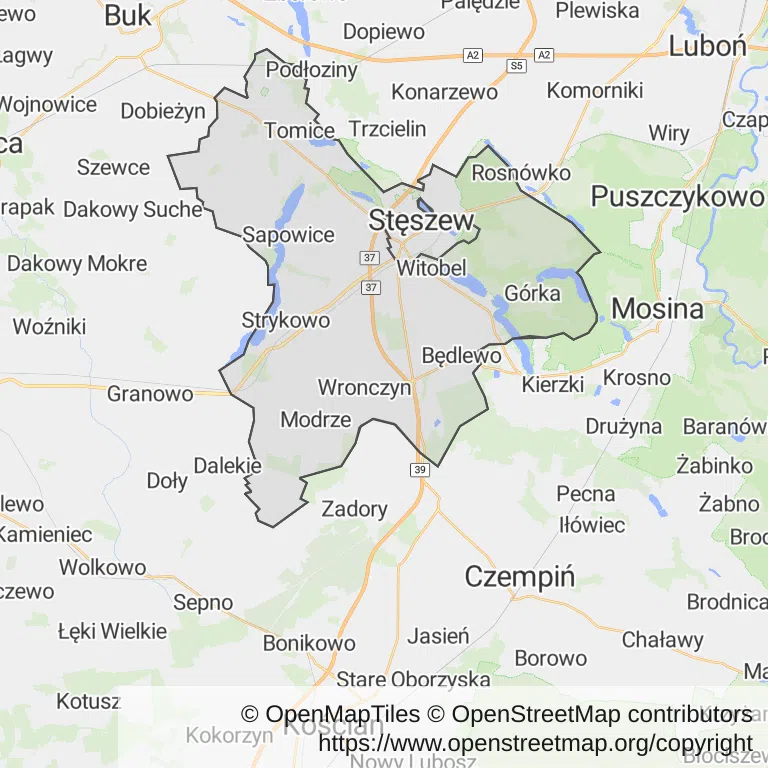 Mapa z zaznaczonym Stęszewem